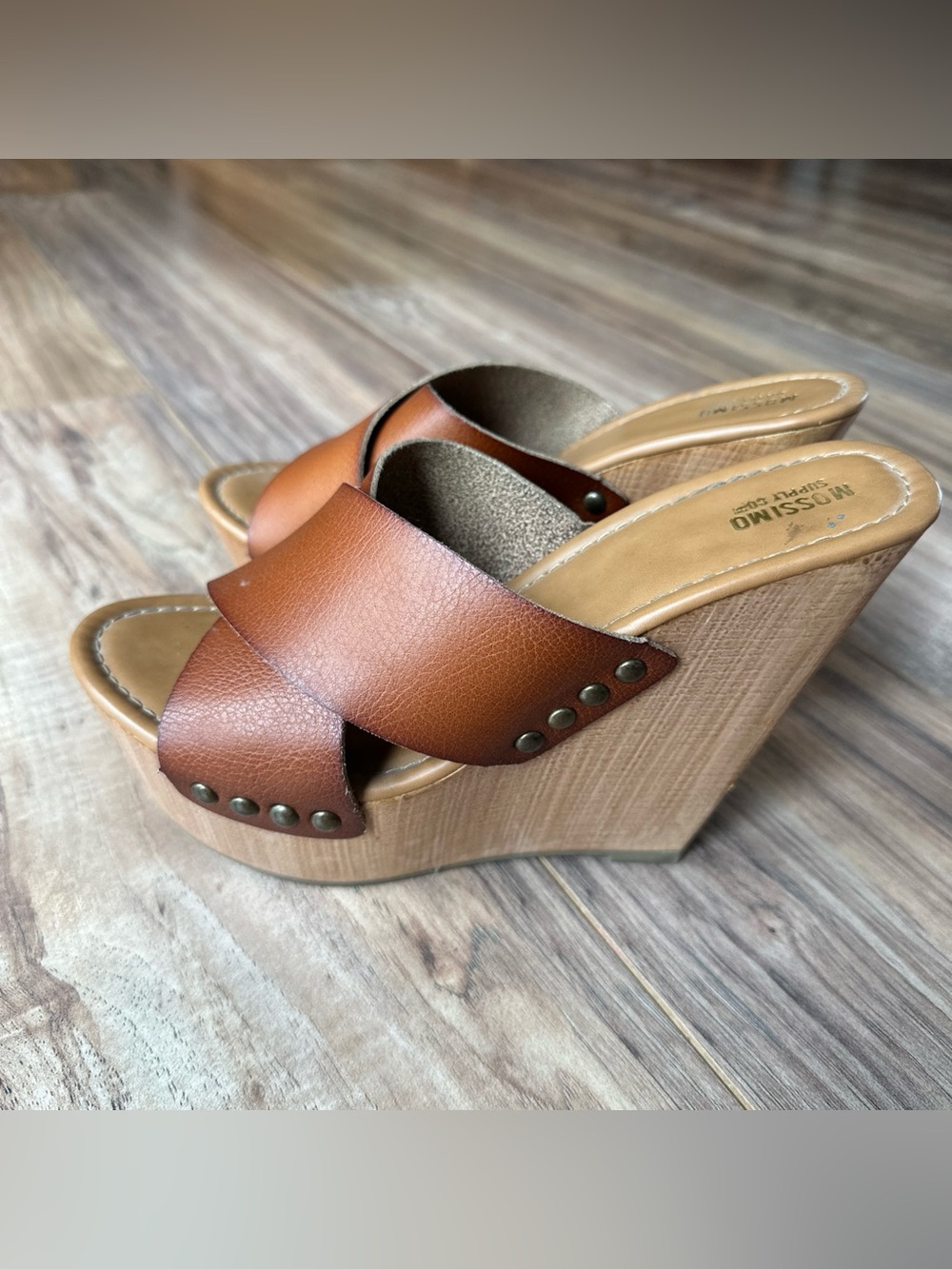 Mossimo Supply Co. Brown Platform Wedge Sandals Wood Clog Heel Studded Size 8